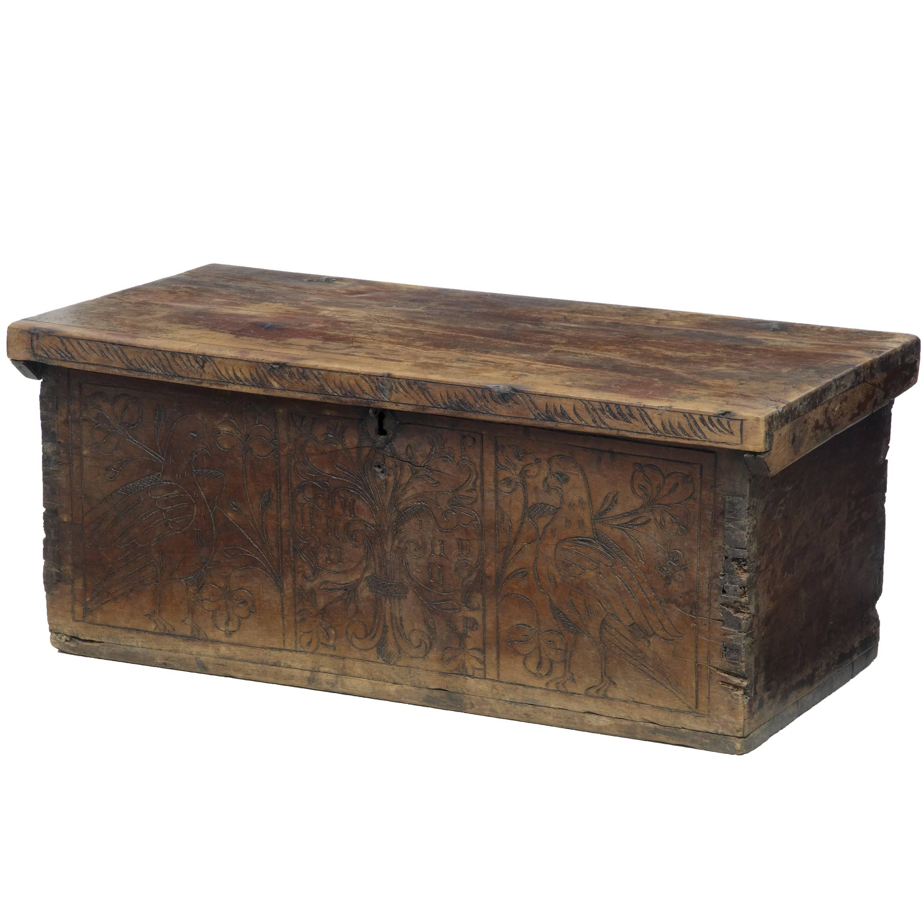 Early 18th Century Continental Fruitwood Marriage Chest Coffer