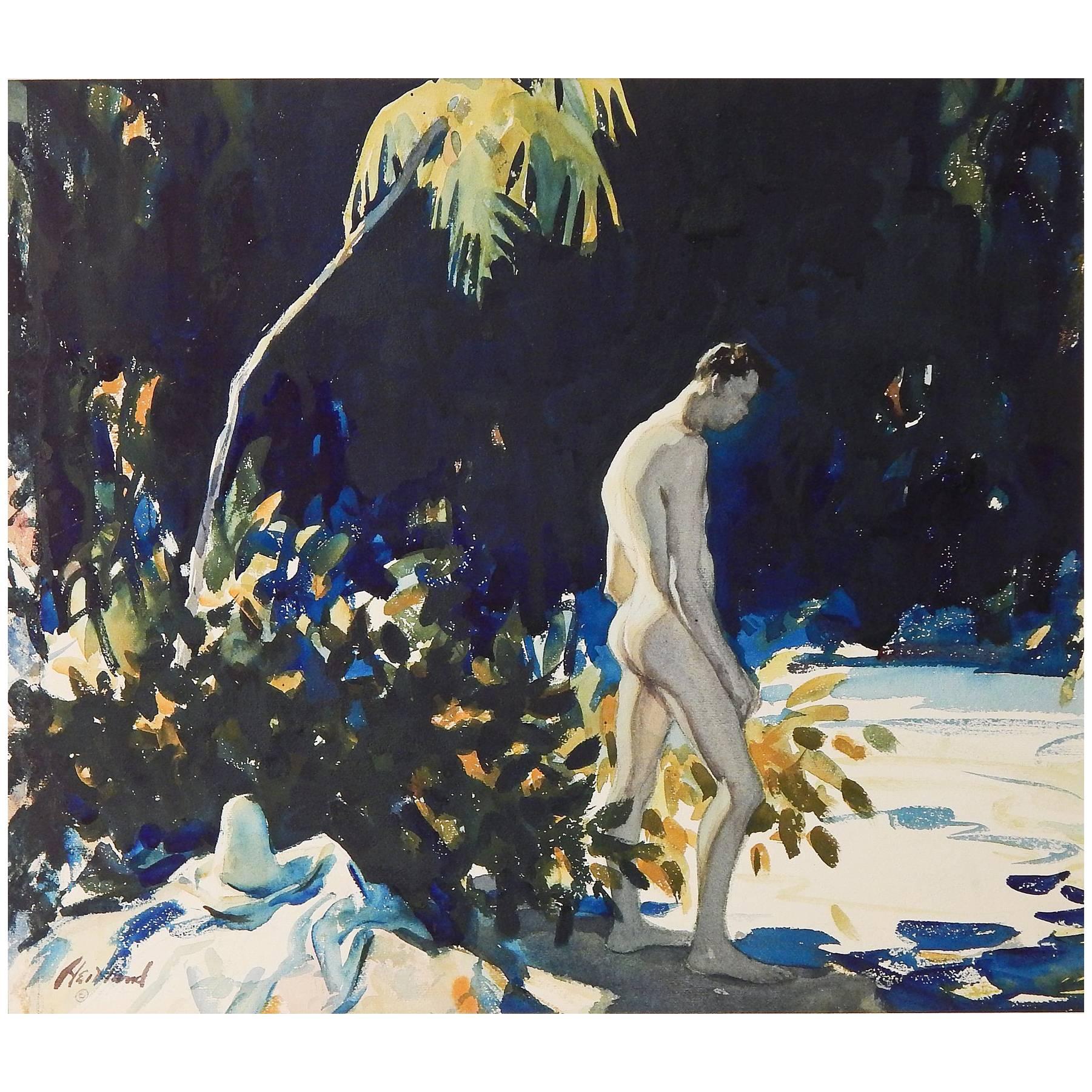 Aquarelle de scène tropicale des années 1930 « Nude Bather, Dominican Republic » en vente