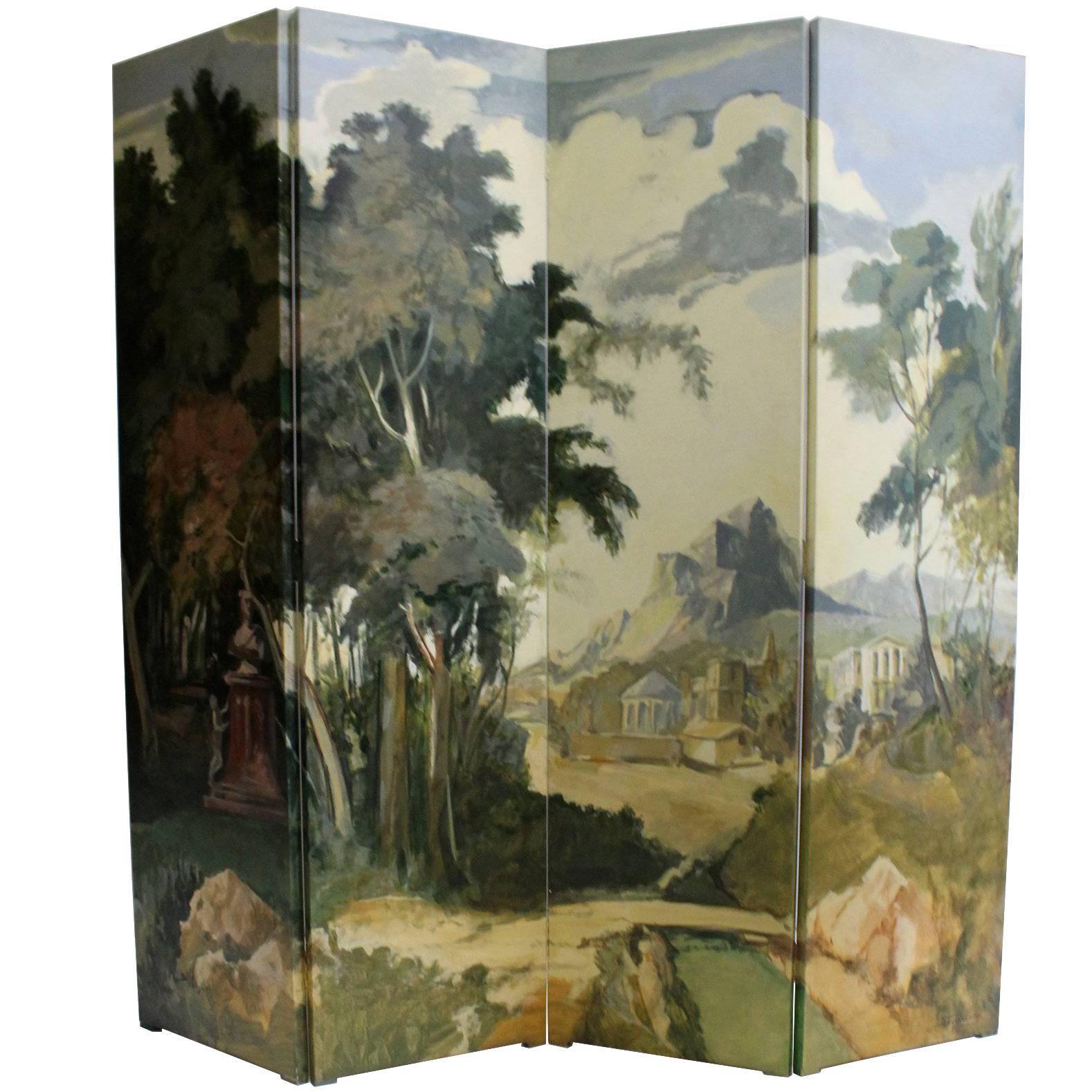 Hand-Painted Romantic Italian Landscape Folding Screen