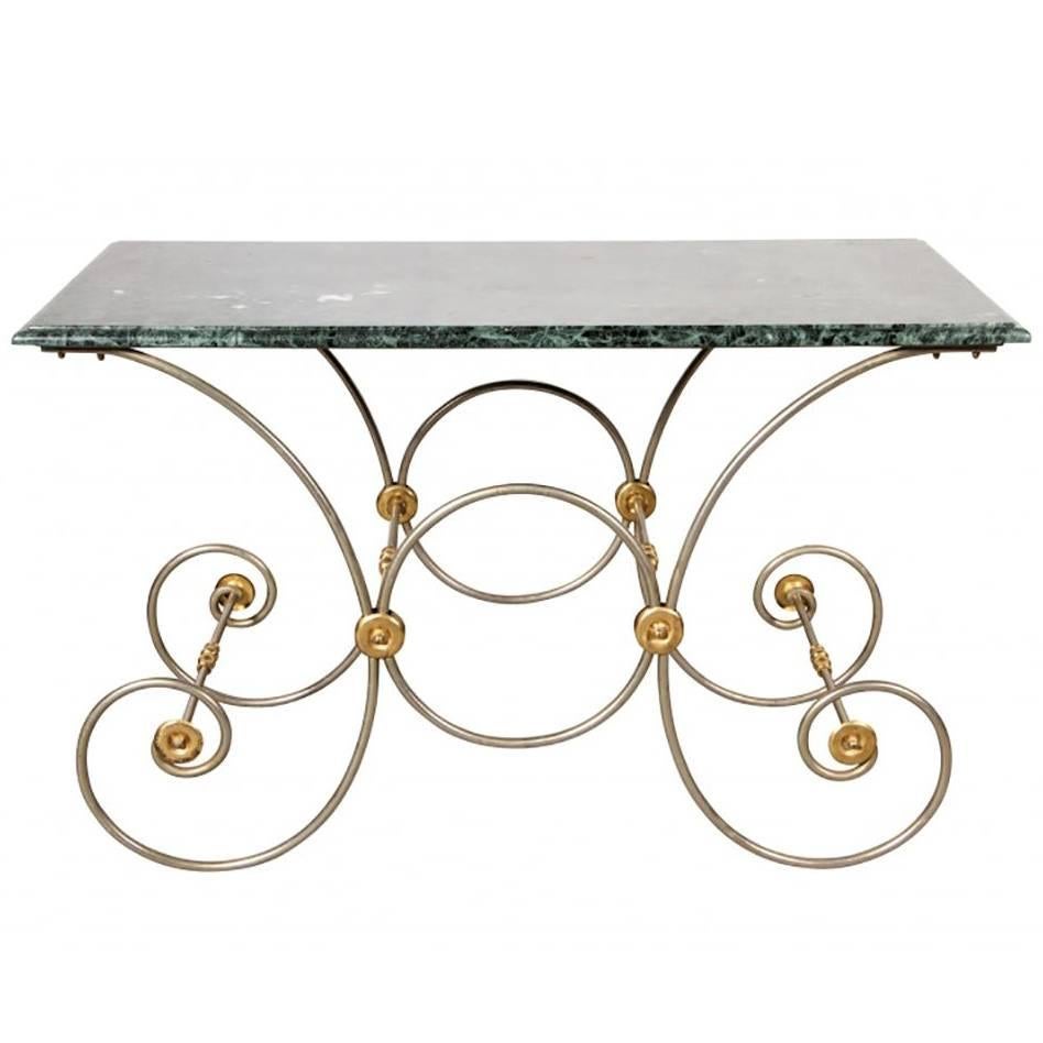 Wrought Polished Steel and Brass Base Console with Marble Top