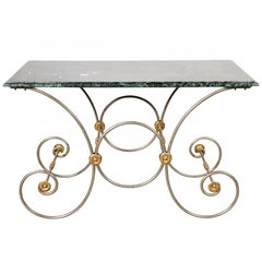 Wrought Polished Steel and Brass Base Console with Marble Top