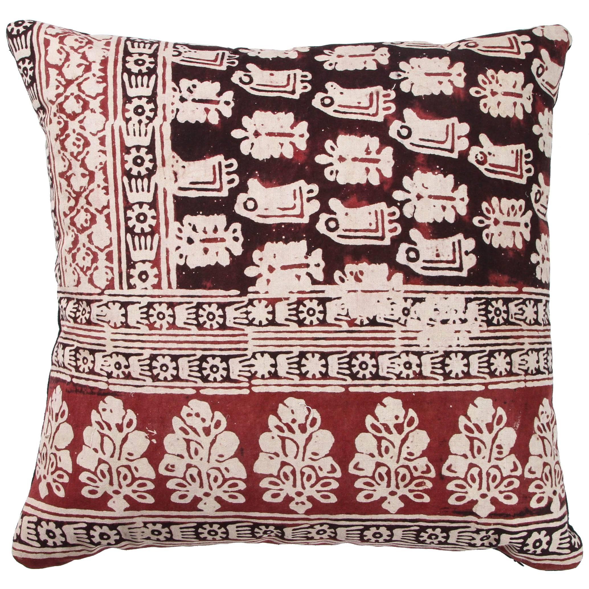 Vintage Indian Resist Dyed Print Pillow in Red, Brown and Off-White For Sale