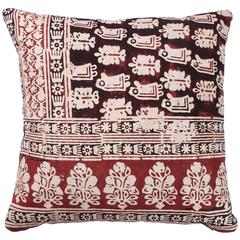 Vintage Indian Resist Dyed Print Pillow in Red, Brown and Off-White 2