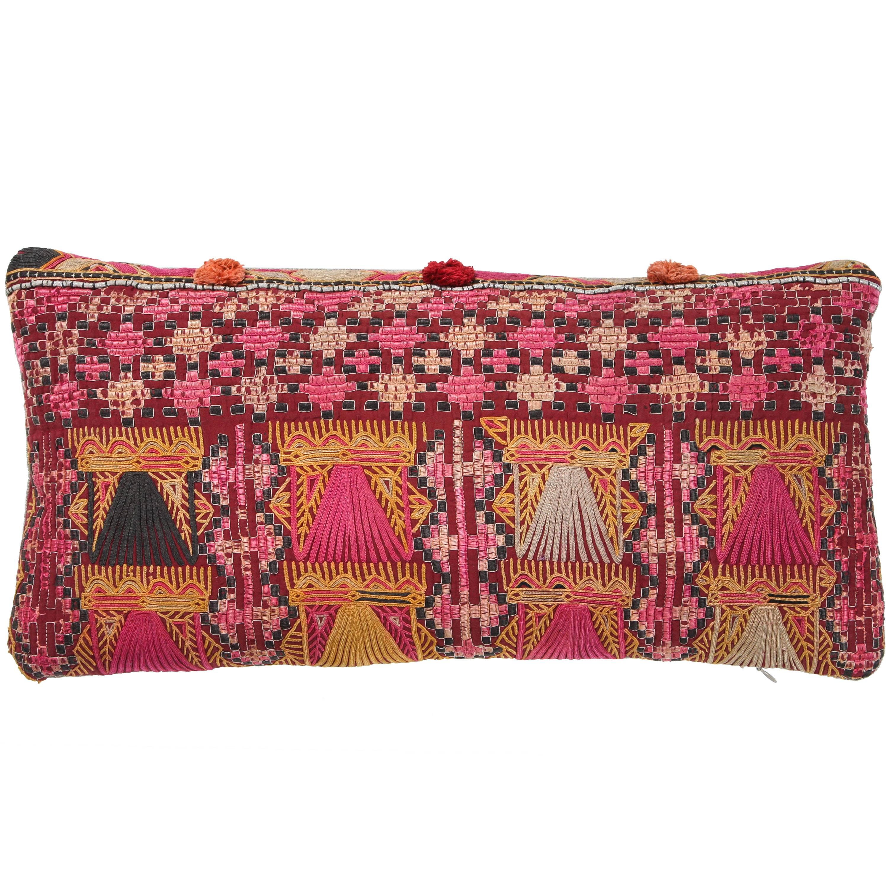 Afghani Pashtun Embroidered Lumbar Pillow in Pink, Gold, Peach, Black and Brown For Sale