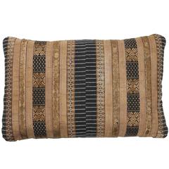 Chinese Silk Ribbon Pillow in Light Brown, Gold, White and Black