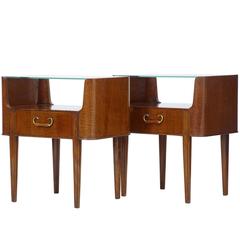 Vintage Pair of 1960s Mahogany Glass Top Bedside Tables