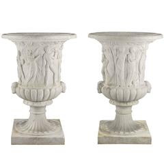 Large Scale Pair of Italian 19th Century White Carrara Marble Medici Urns 2