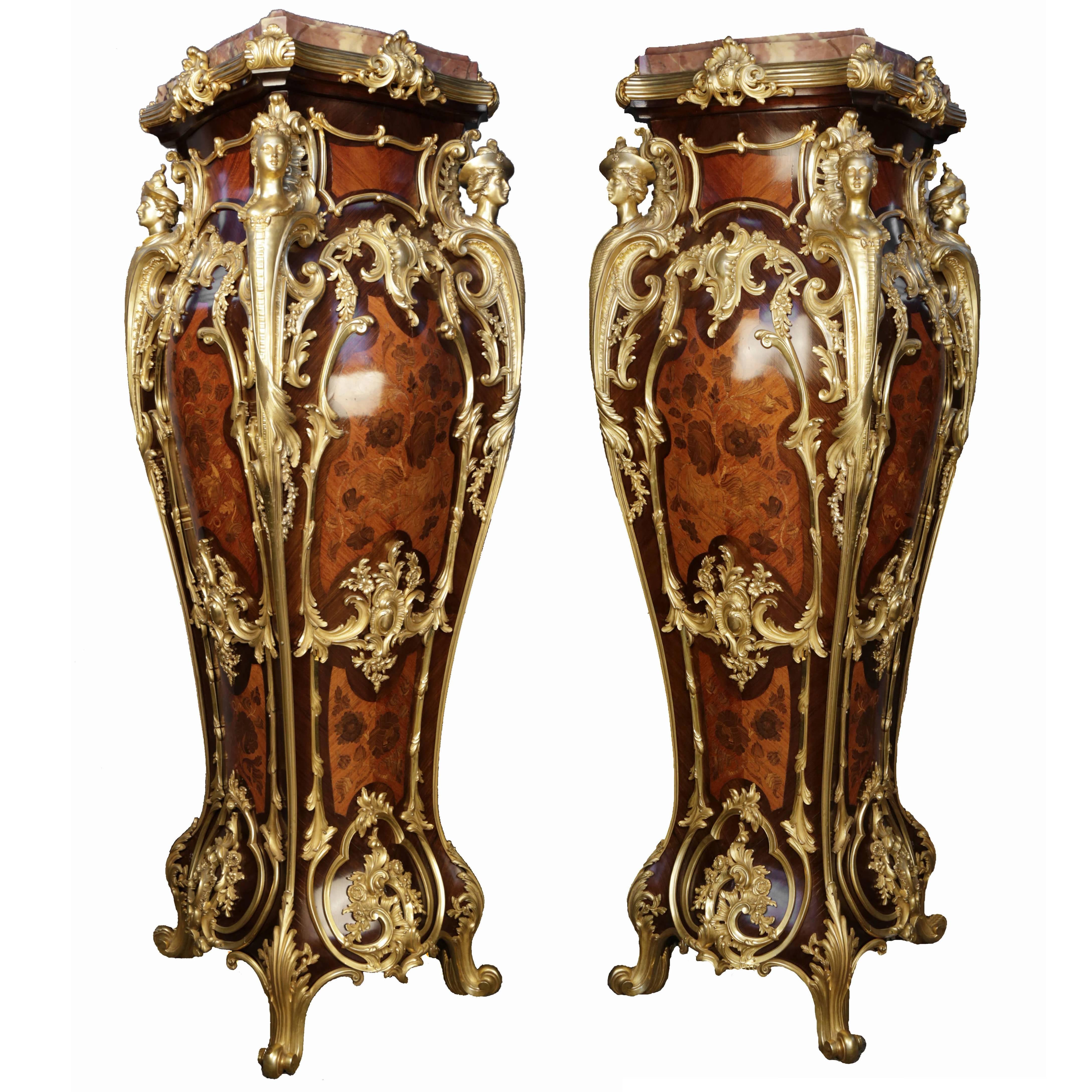 Fine and Rare Pair of Louis XV Style Gilt Bronze-Mounted Marquetry Pedestals For Sale