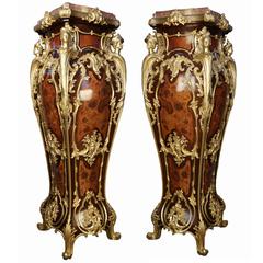 Fine and Rare Pair of Louis XV Style Gilt Bronze-Mounted Marquetry Pedestals