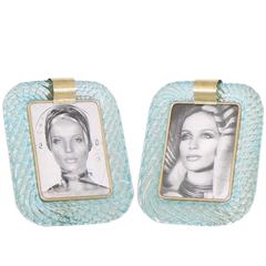 Pair of Large Venini 'Torciglione' Frames in Aqua Murano Glass with Gold Flakes