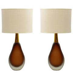 Pair of Seguso Vetri d'Arte "Sommerso" Murano Glass Table Lamps, Mid-Century