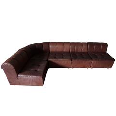 Brown Leather Five-Seat Modular Sofa, in the Style of Desede, 1970s