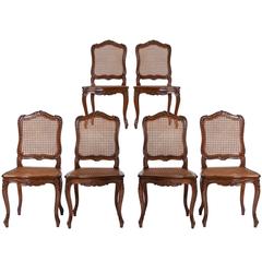 Set of Six Walnut Louis XV Style Dining Chairs, Early 19th Century
