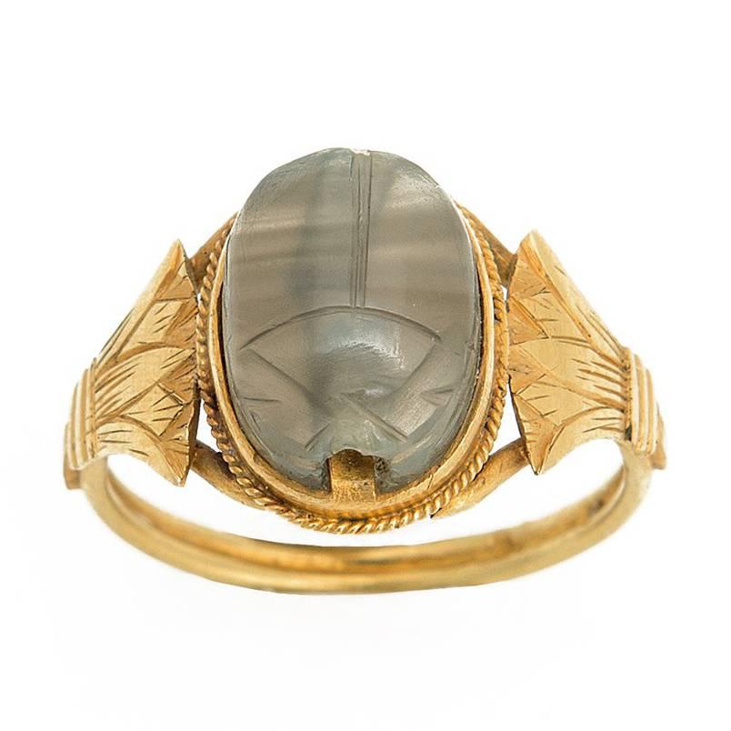 Ancient Amethyst Scarab, Art Nouveau Gold Finger Ring For Sale