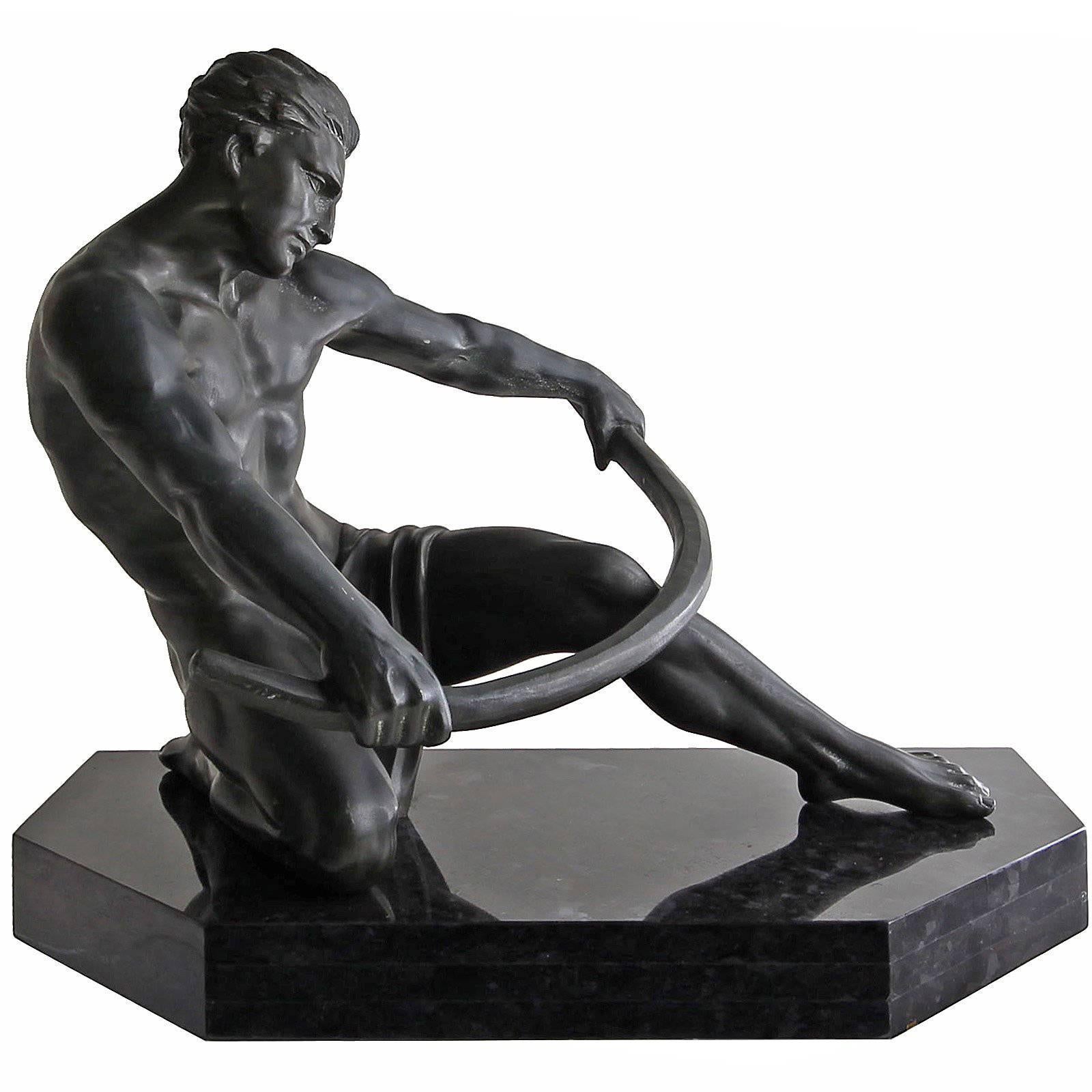 Exquisite Large Art Deco Sculpture of Semi-Nude Man Bending Bar on Marble Base For Sale