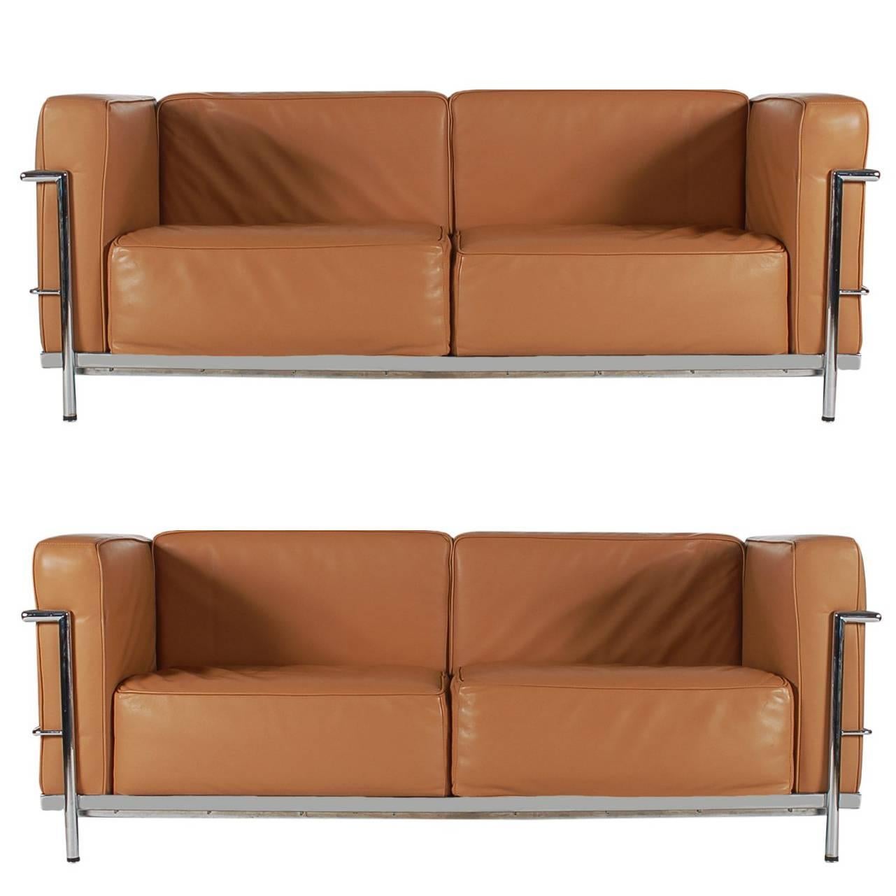 Mid-Century Modern Pair of Tan Leather Sofas in the Style LC2 Corbusier Cassina 