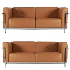 Mid-Century Modern Pair of Tan Leather Sofas in the Style LC2 Corbusier Cassina