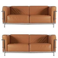 Mid-Century Modern Pair of Tan Leather Sofas in the Style LC2 Corbusier Cassina 