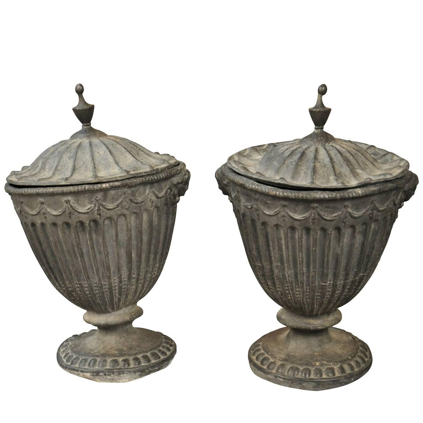 Stunning Pair of 18th Century English Lidded Urns in Lead