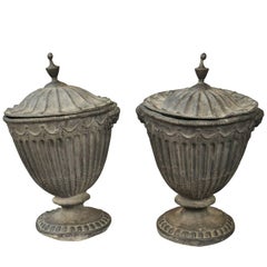 Antique Stunning Pair of 18th Century English Lidded Urns in Lead