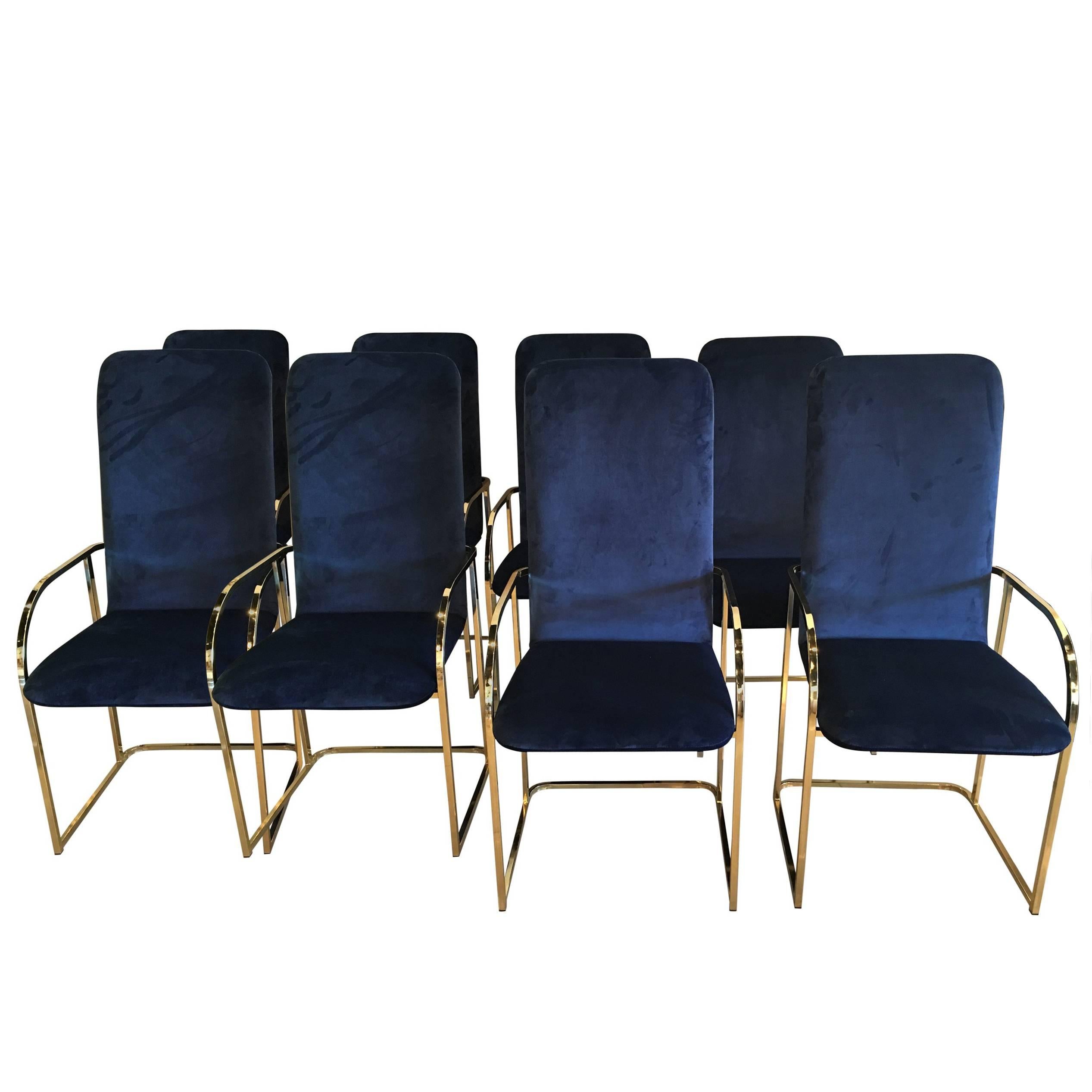 Set of 12 Brass DIA Dining Arm Chairs Navy Velvet Design Institute of America
