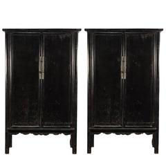 Pair of 19th Century Chinese Black Lacquer Cabinets with Scalloped Aprons 1