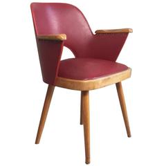1960s Mid-Century French Red Vinyl Chair with Beech Frame and Studs