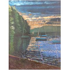Vintage Sherborn Massachusetts Painting Boats on Lake Landscape