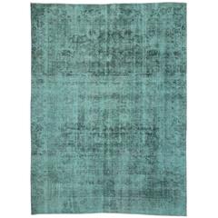 Vintage Persian Tabriz Rug Overdyed in Aqua with Modern Industrial Style