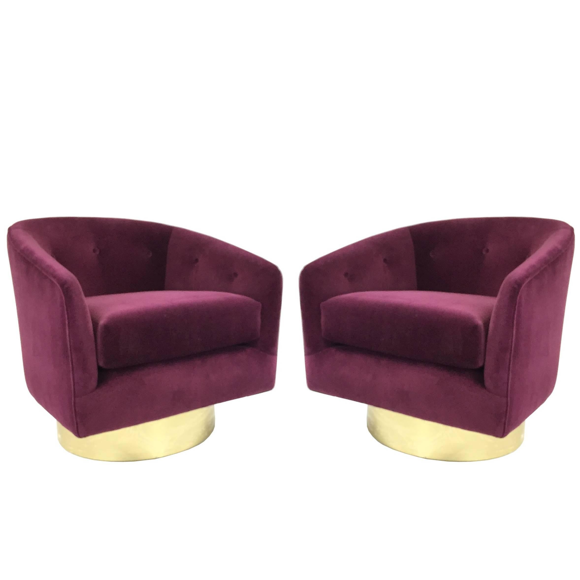 Pair of Newly Upholstered Velvet Milo Baughman Swivel Chairs with Brass Plinths