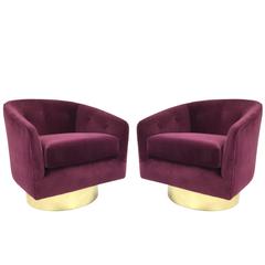 Vintage Pair of Newly Upholstered Velvet Milo Baughman Swivel Chairs with Brass Plinths