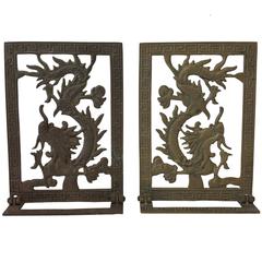1930s Chinoiserie Art Deco Bronze Dragon Bookends, Pair