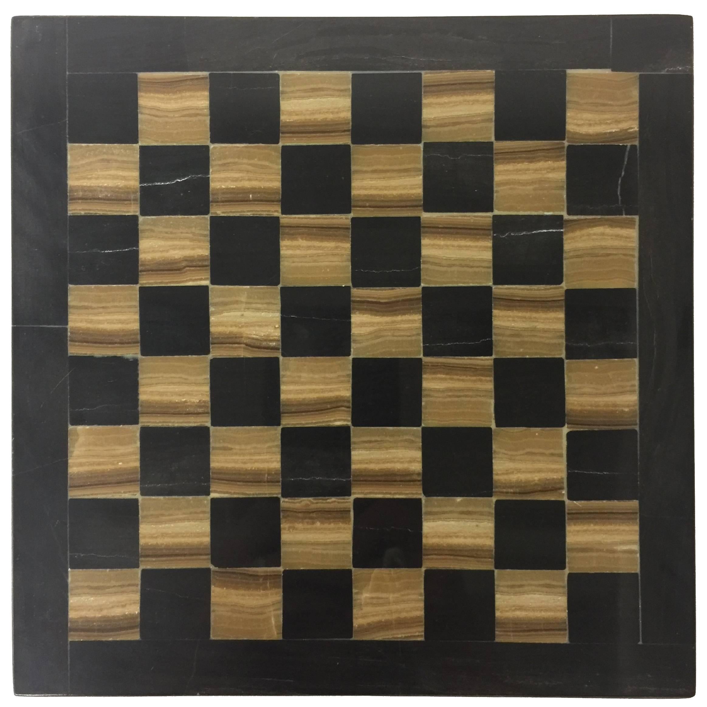 Diminutive Vintage Agate Chess or Checkers Board in Black and Gold, Pieced Side