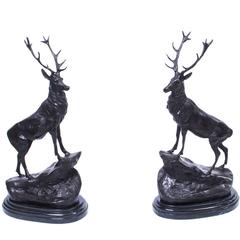Retro Pair of Bronze Stag Statuettes After Moigniez