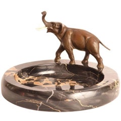 Early 20th Century Bronze Elephant Sculpture Marble Bowl