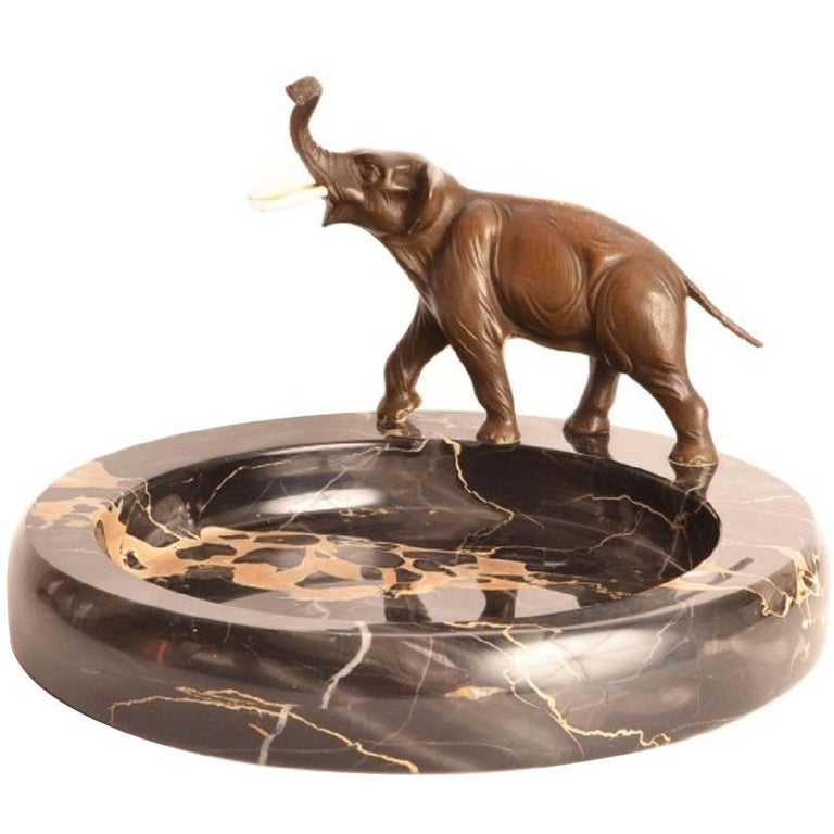 Early 20th Century Bronze Elephant Sculpture Marble Bowl at 1stDibs