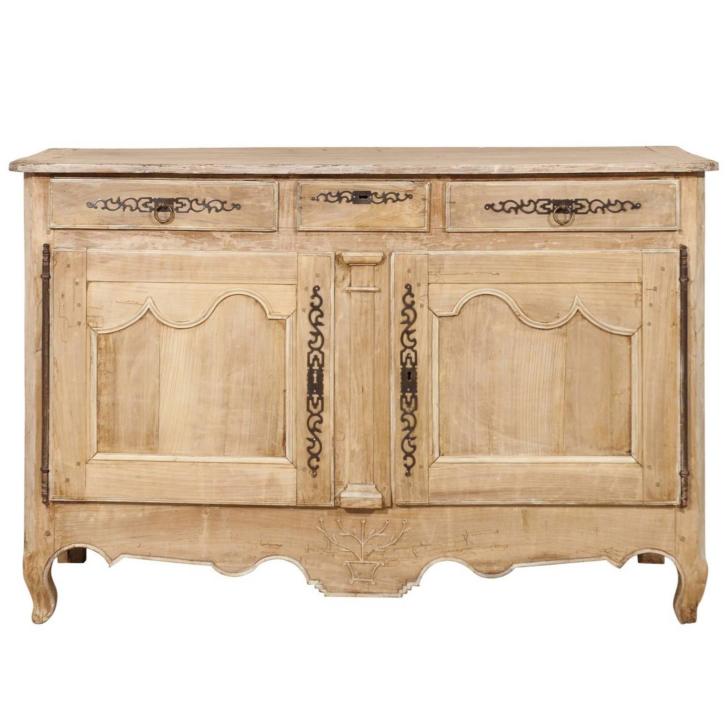 French Natural Pale Wood Sideboard with Dark Iron Hardware and Scalloped Skirt