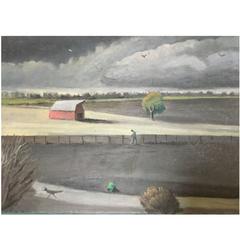 Vintage Landscape Painting Oil on Linen Barn and Ranch