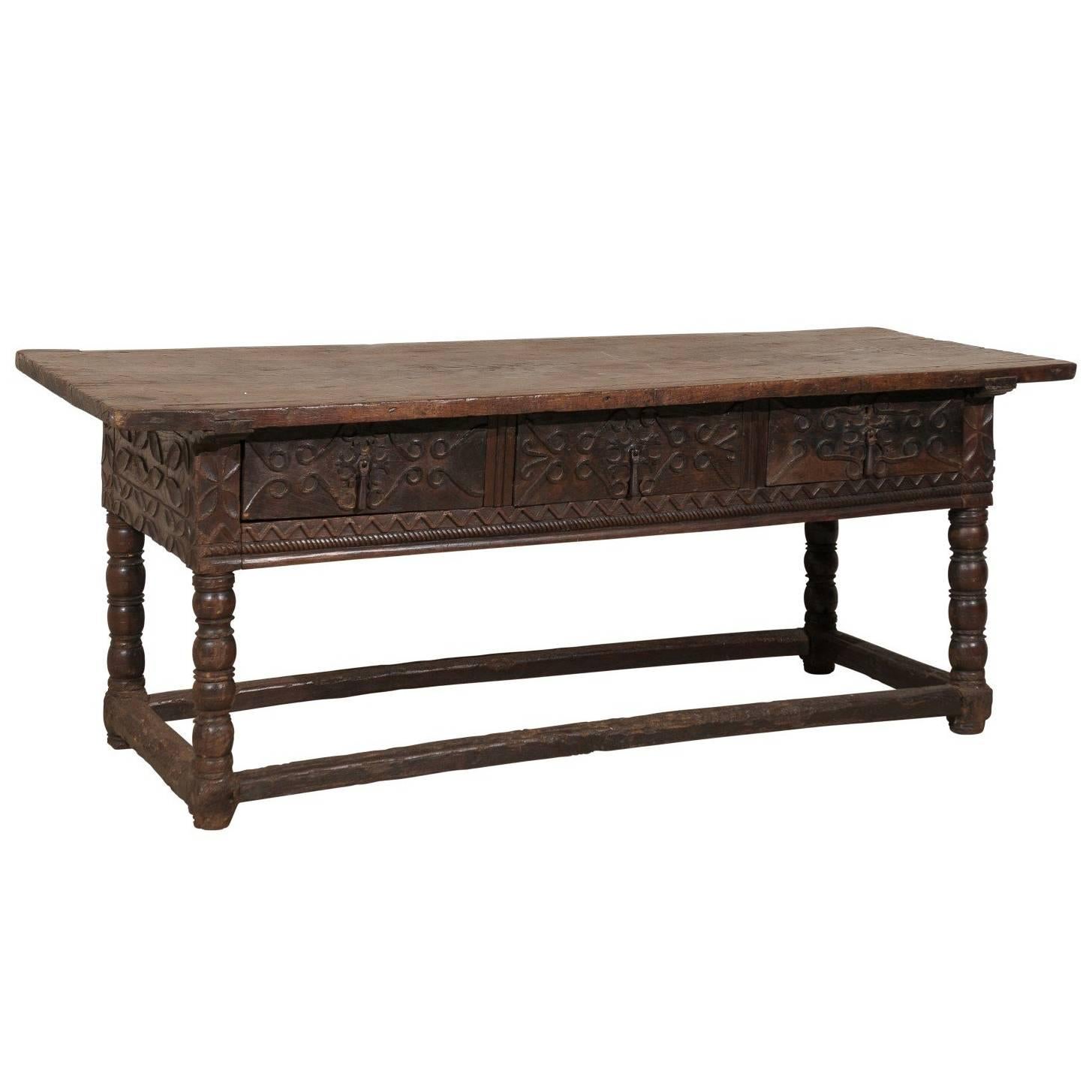 Elegant Spanish Early 18th Century Console/Library Table with Three Drawers