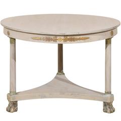 French Round Wood Centre Table, Brass Accents and Lion Paw Feet, Neutral Color
