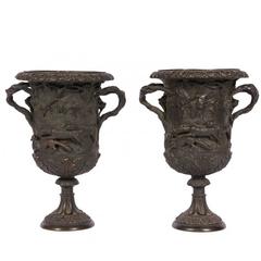 Pair of 19th Century Hunting Scene Bronze Urns