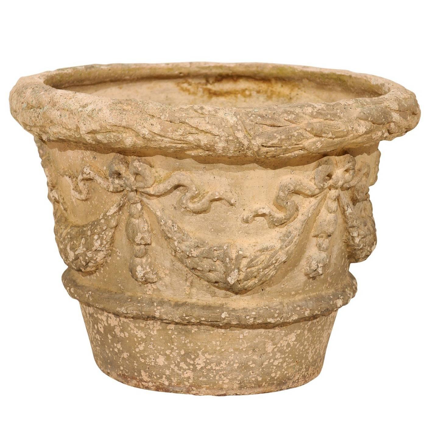 French Terracotta Aged Garden Pot with Bow and Swag Motif in Beige Cream Color For Sale