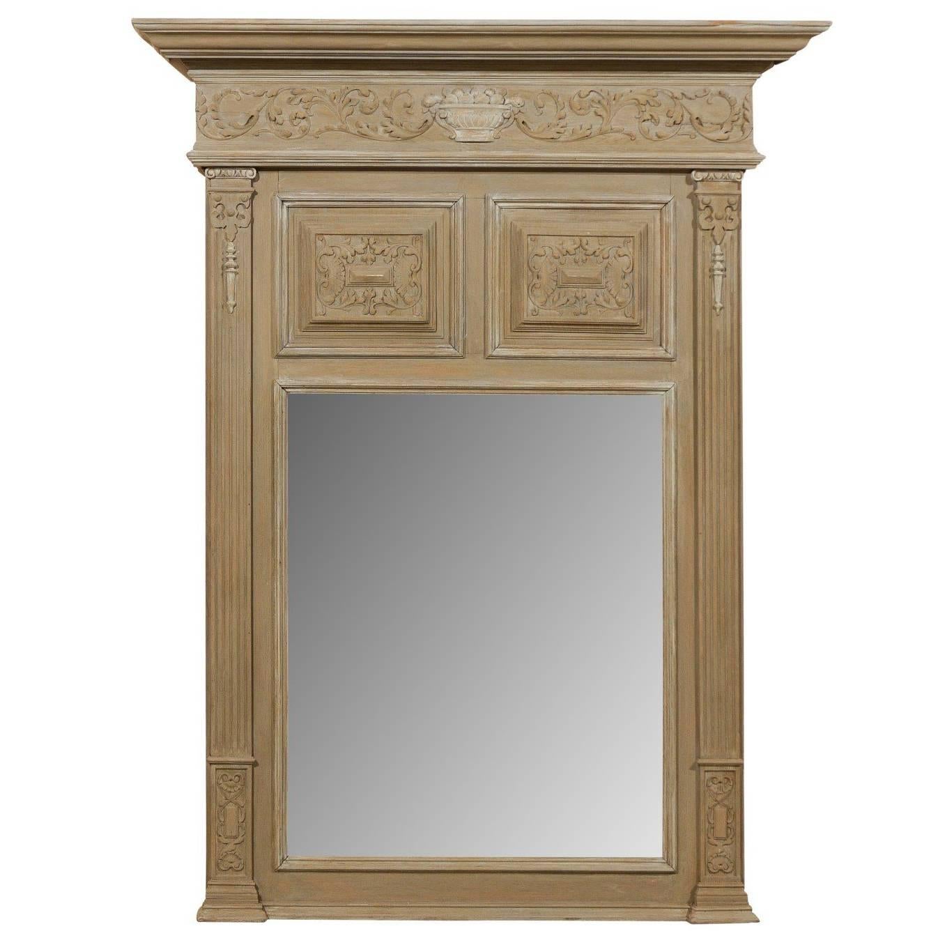 French Light Brown / Taupe Trumeau Mirror with Beveled Glass and Rich Carvings