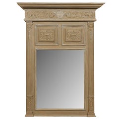 Vintage French Light Brown / Taupe Trumeau Mirror with Beveled Glass and Rich Carvings