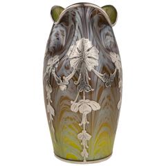Rare Austrian Art Nouveau Sterling Silver Overlay Vase by, Loetz 6
