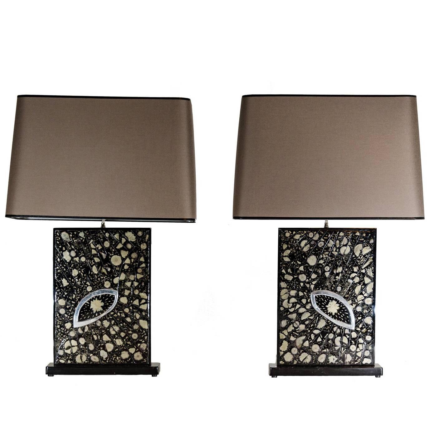 Pair of Table Lamps in Black Resin Inlay Marcassite by Stan Usel For Sale