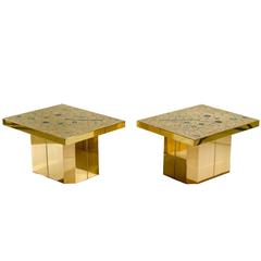Pair of Side Table in Brass Mosaic Inlay Malachite by Stan Usel