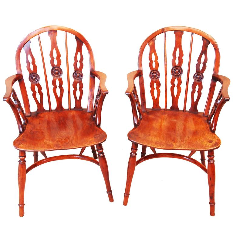 Antique Pair of Yewood Draught Back Windsor Chairs