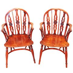 Antique Pair of Yewood Draught Back Windsor Chairs