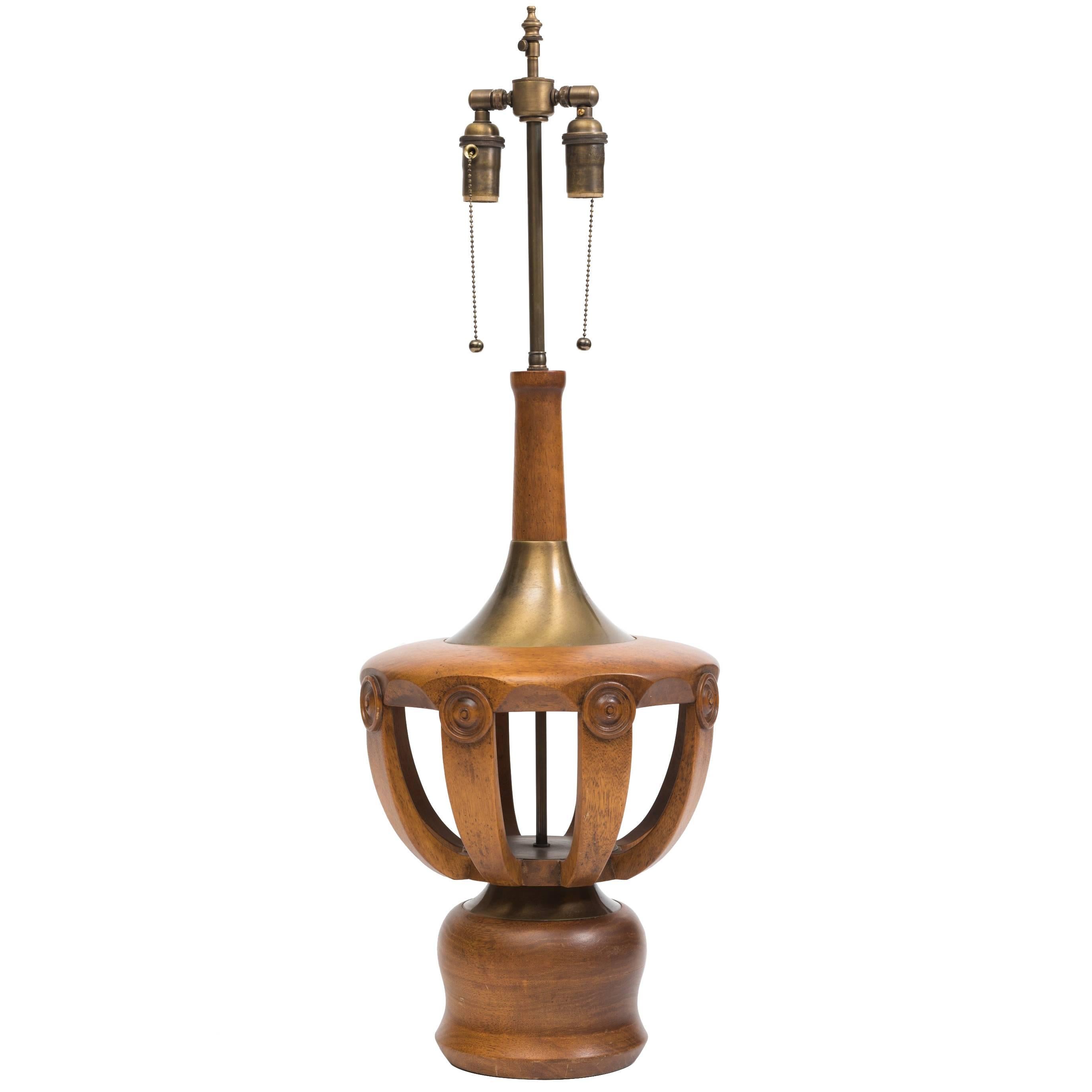 Monumental 1970s Teak and Brass Sculptural Modeline Lamp For Sale